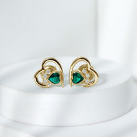 Lab-created emerald and moissanite heart paw stud earrings by Rosec Jewels featuring sparkling gemstones and delicate stud design.