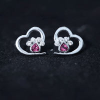 Heart Shape Pink Tourmaline and Diamond Dog Paw Stud Earrings