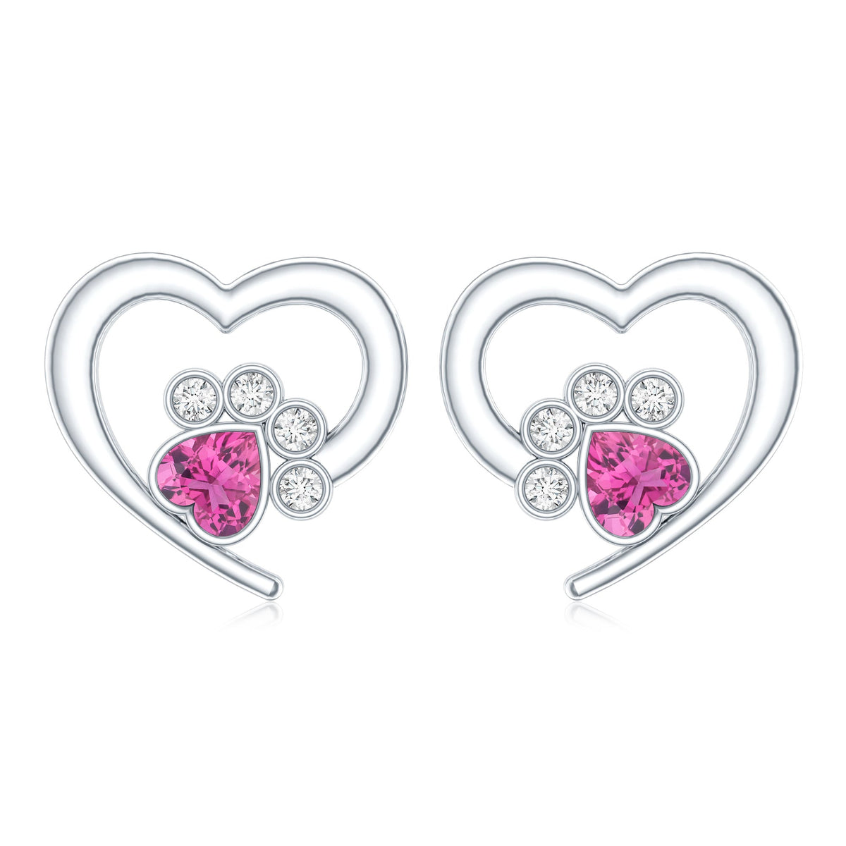 Heart Shape Pink Tourmaline and Diamond Dog Paw Stud Earrings