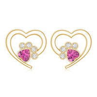 Heart Shape Pink Tourmaline and Diamond Dog Paw Stud Earrings