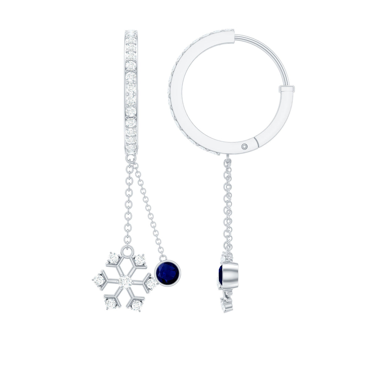 Real blue sapphire and diamond snowflake dangle hoop earrings by Rosec Jewels, featuring intricate snowflake design with sparkling gemstones.