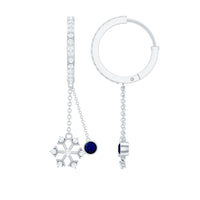 Real blue sapphire and diamond snowflake dangle hoop earrings by Rosec Jewels, featuring intricate snowflake design with sparkling gemstones.