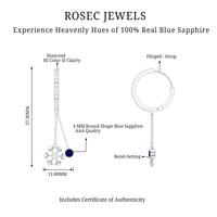 Blue sapphire and diamond snowflake dangle hoop earrings from Rosec Jewels featuring intricate design and sparkling gemstones.