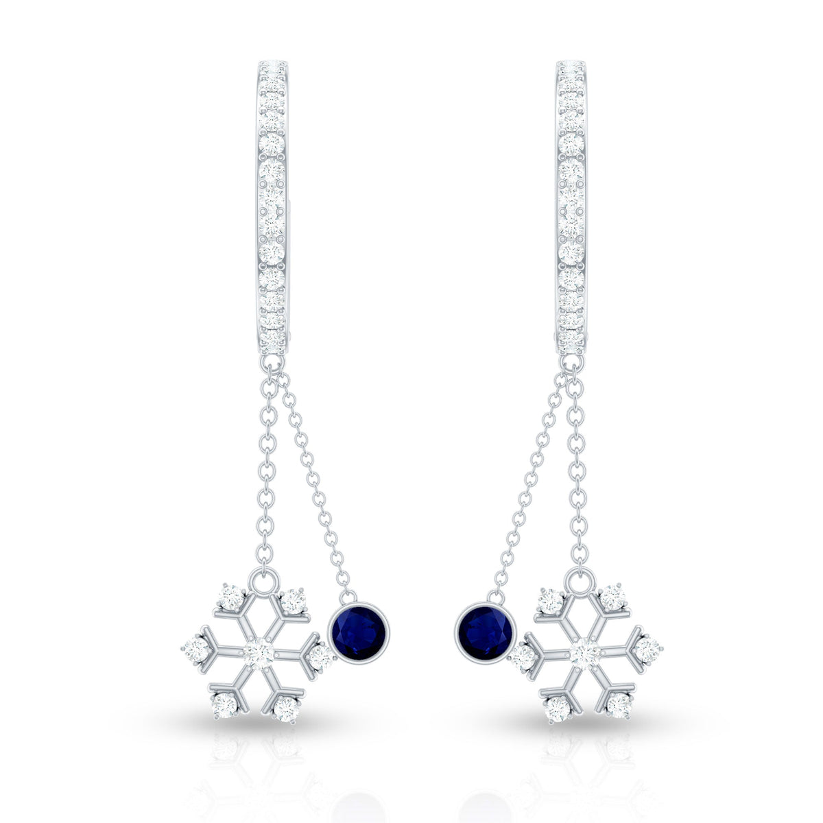 Blue sapphire and diamond snowflake dangle hoop earrings by Rosec Jewels, showcasing intricate gemstone and metal detailing.