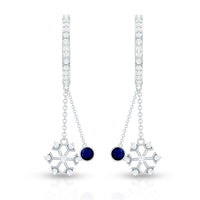 Blue sapphire and diamond snowflake dangle hoop earrings by Rosec Jewels, showcasing intricate gemstone and metal detailing.