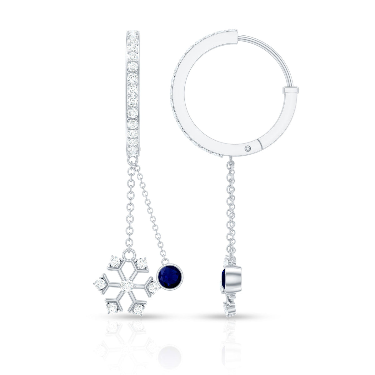 Real blue sapphire and diamond snowflake dangle hoop earrings from Rosec Jewels, featuring intricate gemstone designs.