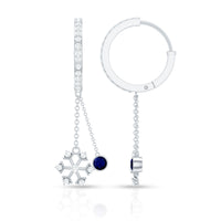 Real blue sapphire and diamond snowflake dangle hoop earrings from Rosec Jewels, featuring intricate gemstone designs.