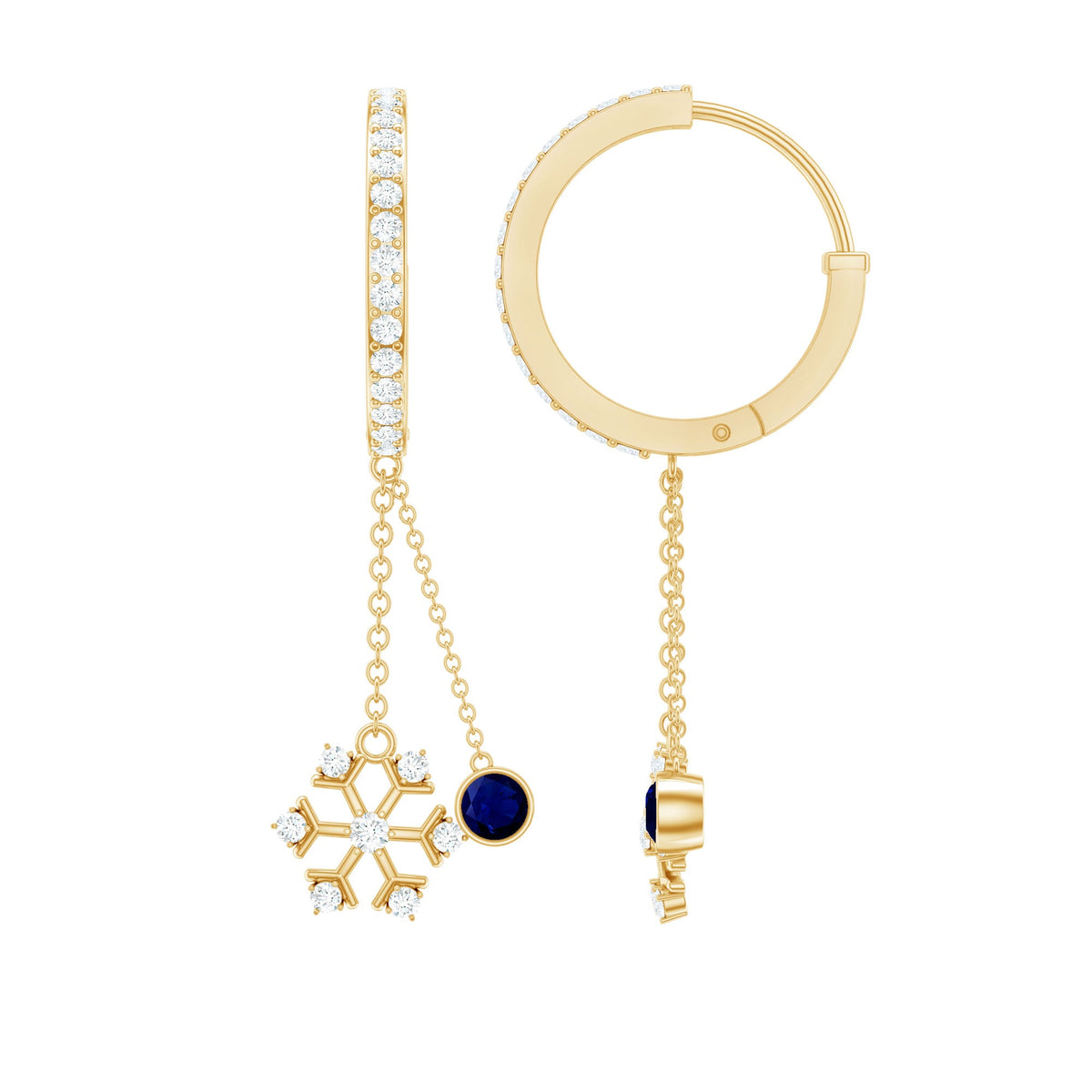 Real blue sapphire and diamond snowflake dangle hoop earrings by Rosec Jewels, showcasing intricate snowflake design with sparkling gemstones.