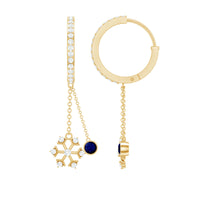 Real blue sapphire and diamond snowflake dangle hoop earrings by Rosec Jewels, showcasing intricate snowflake design with sparkling gemstones.