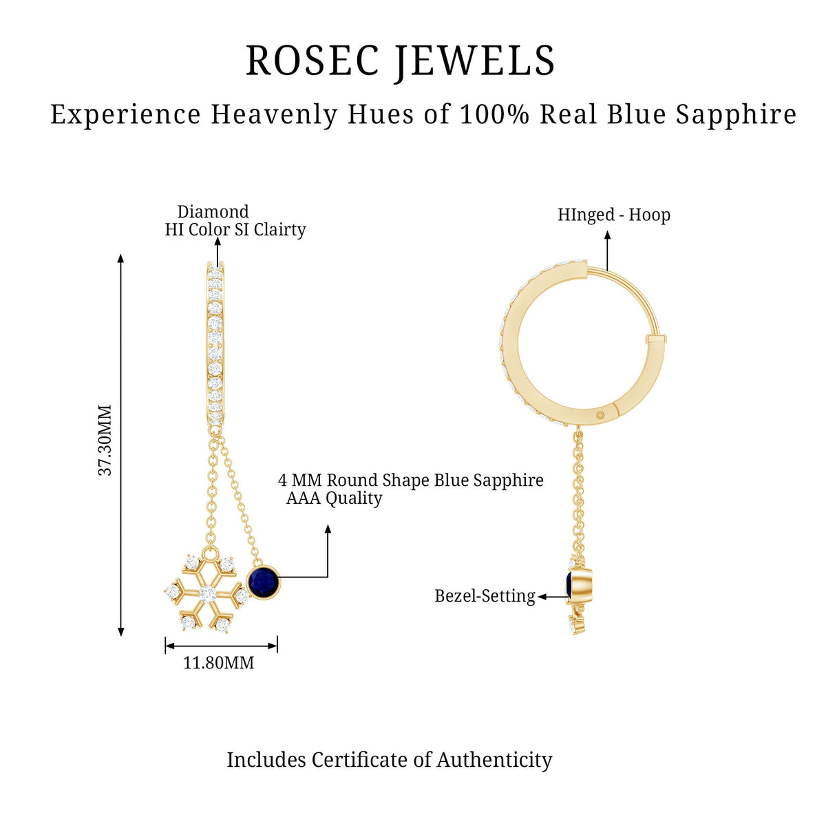 Blue sapphire and diamond snowflake dangle hoop earrings by Rosec Jewels featuring intricate design and sparkling gemstones.