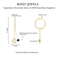 Blue sapphire and diamond snowflake dangle hoop earrings by Rosec Jewels featuring intricate design and sparkling gemstones.