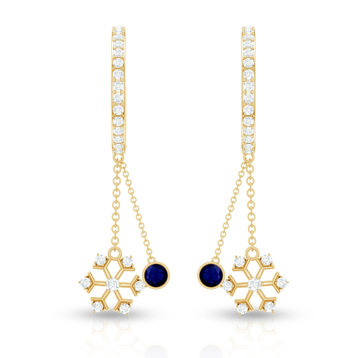 Real blue sapphire and diamond snowflake dangle hoop earrings from Rosec Jewels featuring intricate snowflake design with sparkling gemstones.