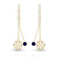 Real blue sapphire and diamond snowflake dangle hoop earrings from Rosec Jewels featuring intricate snowflake design with sparkling gemstones.