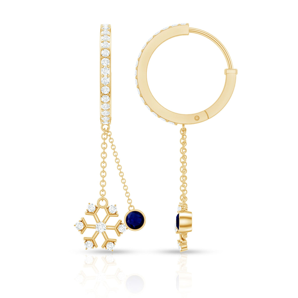 Real blue sapphire and diamond snowflake dangle hoop earrings by Rosec Jewels, featuring intricate snowflake design with sparkling gemstones.