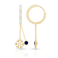 Real blue sapphire and diamond snowflake dangle hoop earrings by Rosec Jewels, featuring intricate snowflake design with sparkling gemstones.
