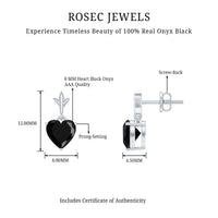 Rosec Jewels 4 Carat Solitaire Black Onyx Heart Drop Earrings showing elegant black onyx hearts dangling from silver hooks.