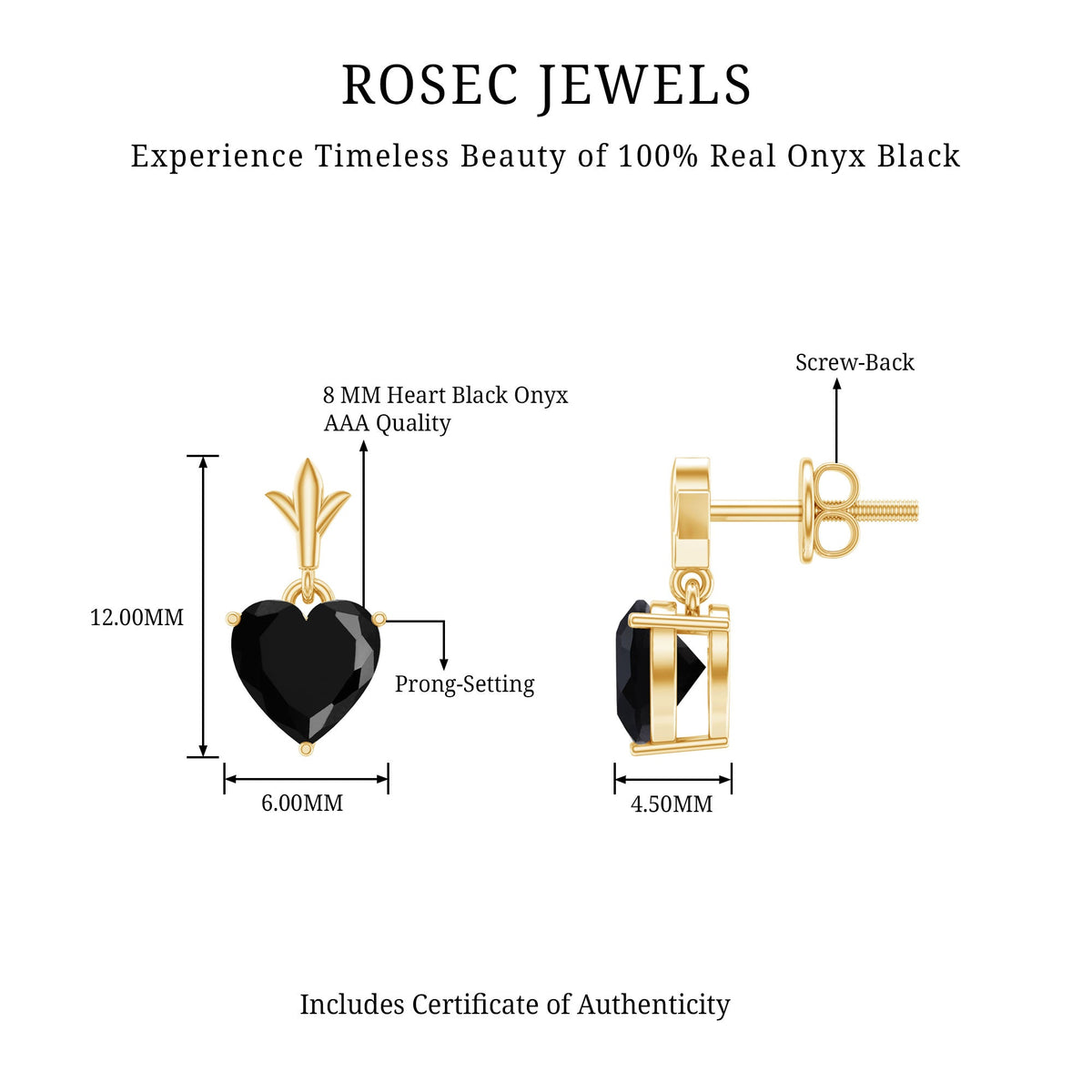 Rosec Jewels 4 Carat Black Onyx Heart Drop Earrings, elegant jewelry featuring heart-shaped black onyx stones and silver hooks.
