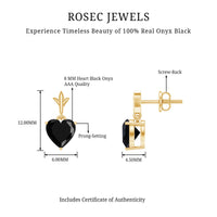 Rosec Jewels 4 Carat Black Onyx Heart Drop Earrings, elegant jewelry featuring heart-shaped black onyx stones and silver hooks.