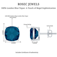 5.6 Carat Cushion Cut London Blue Topaz Stud Earrings