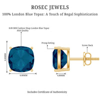 5.6 Carat Cushion Cut London Blue Topaz Stud Earrings
