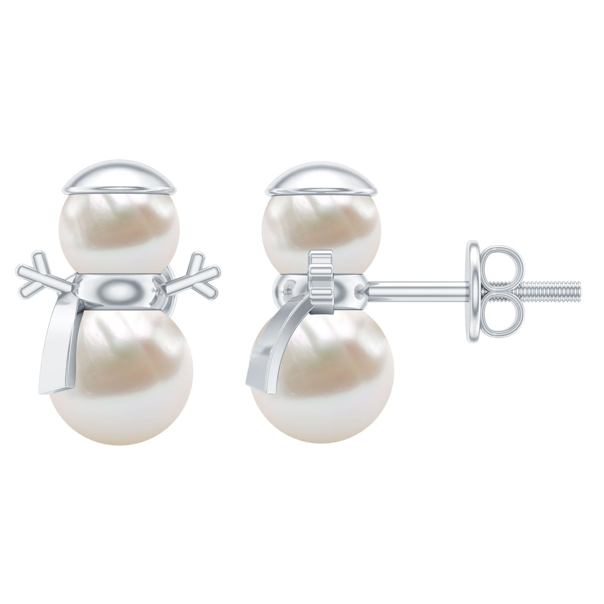 Natural freshwater pearl snowman stud earrings by Rosec Jewels, featuring cute snowman design with white pearls and silver setting.