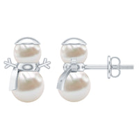 Natural freshwater pearl snowman stud earrings by Rosec Jewels, featuring cute snowman design with white pearls and silver setting.