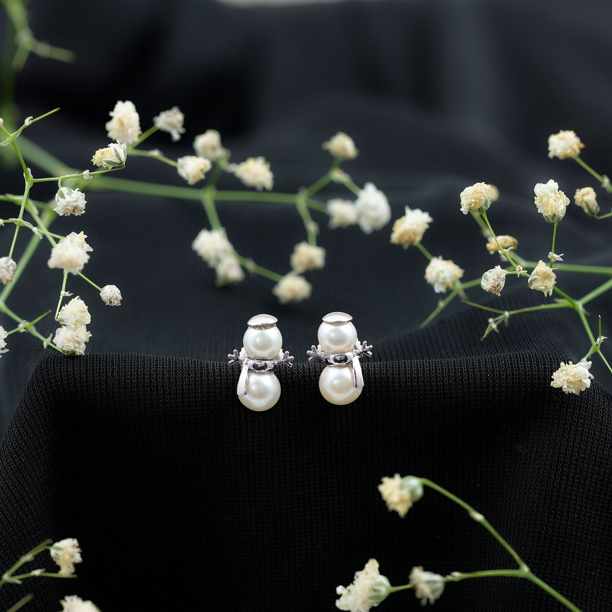 Natural freshwater pearl snowman stud earrings by Rosec Jewels featuring white pearl snowman designs on sterling silver posts