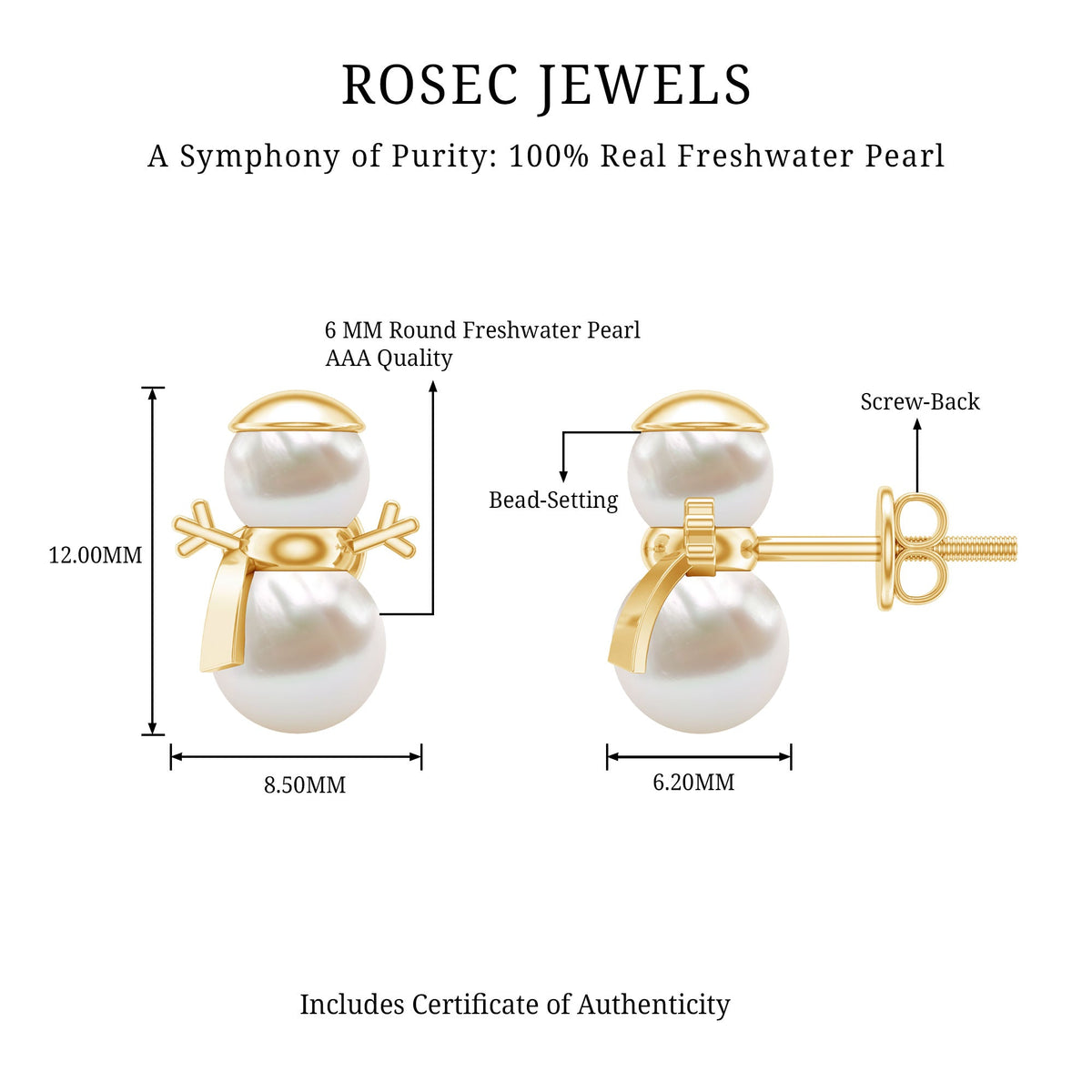 Natural freshwater pearl snowman stud earrings by Rosec Jewels, featuring charming pearl snowman designs on silver posts.