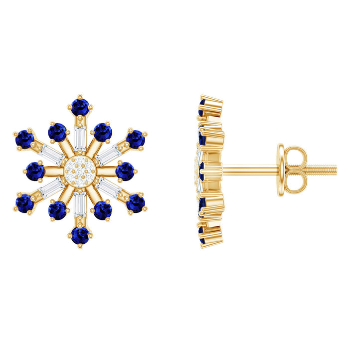 Lab grown blue sapphire and diamond snowflake stud earrings by Rosec Jewels featuring sparkling gemstones and intricate snowflake design.