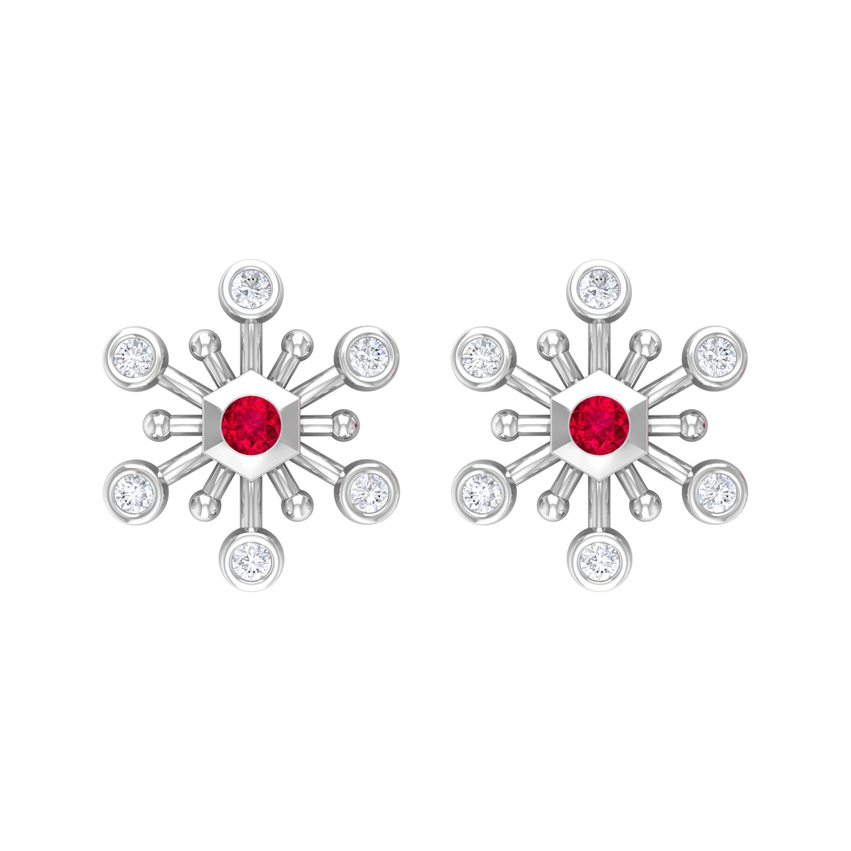 Created Ruby and Diamond Snowflake Contemporary Stud Earrings