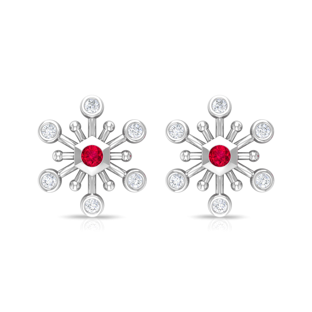 Created Ruby and Diamond Snowflake Contemporary Stud Earrings