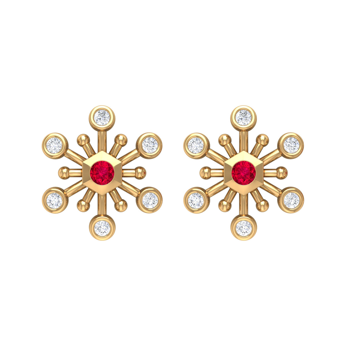 Created Ruby and Diamond Snowflake Contemporary Stud Earrings