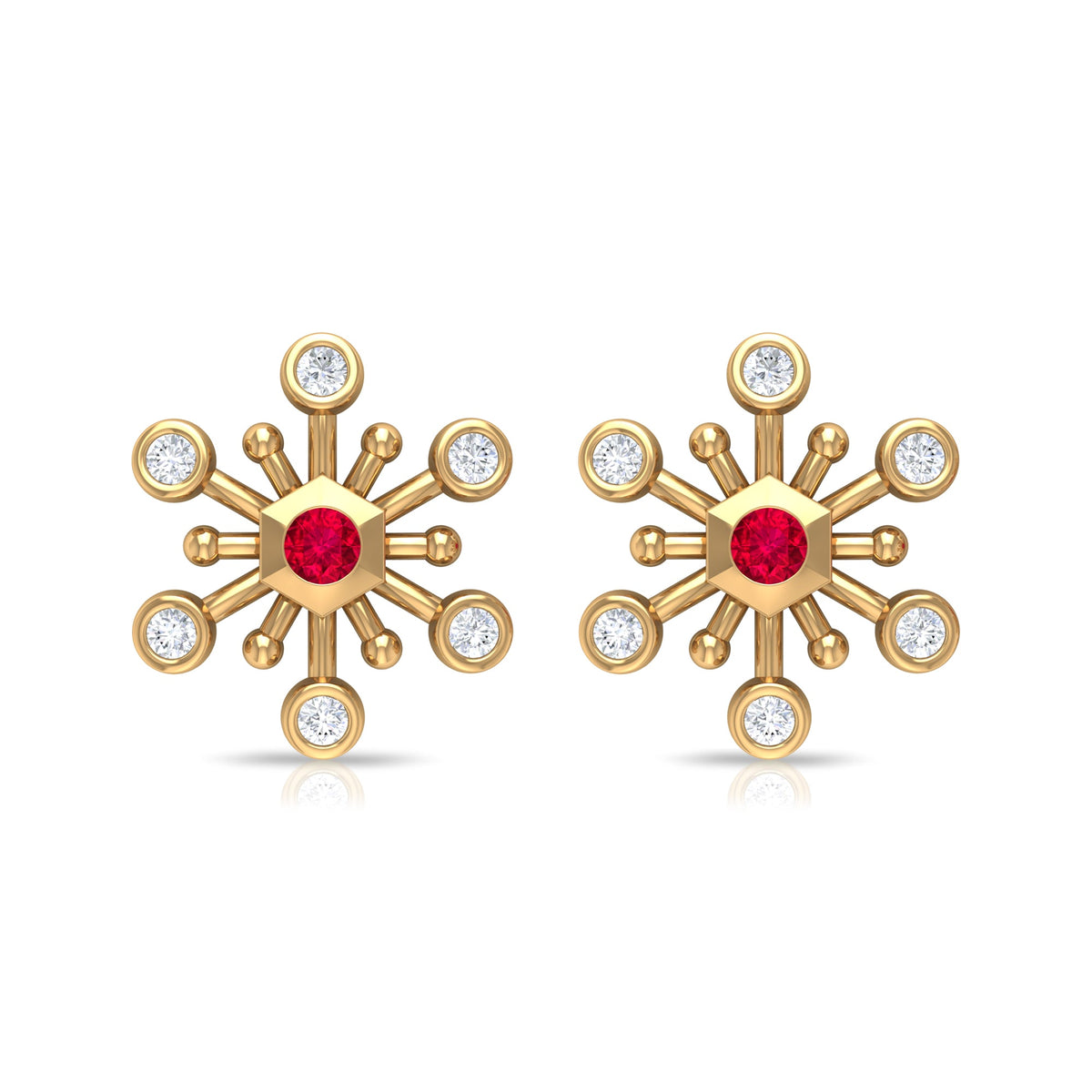 Created Ruby and Diamond Snowflake Contemporary Stud Earrings