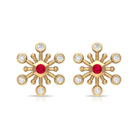 Created Ruby and Diamond Snowflake Contemporary Stud Earrings