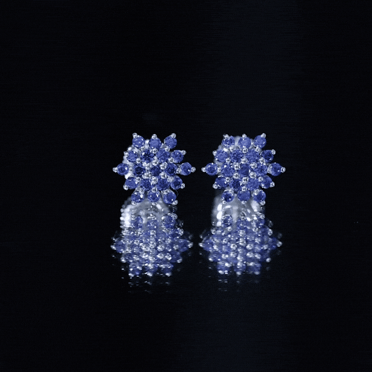 Yellow gold lab-grown blue sapphire cluster stud earrings with snowflake-inspired design by Rosec Jewels