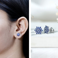 Snowflake Looking Lab Grown Blue Sapphire Cluster Stud Earrings