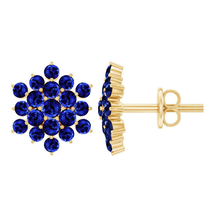 Lab-grown blue sapphire cluster stud earrings with snowflake design by Rosec Jewels, featuring sparkling blue sapphires.