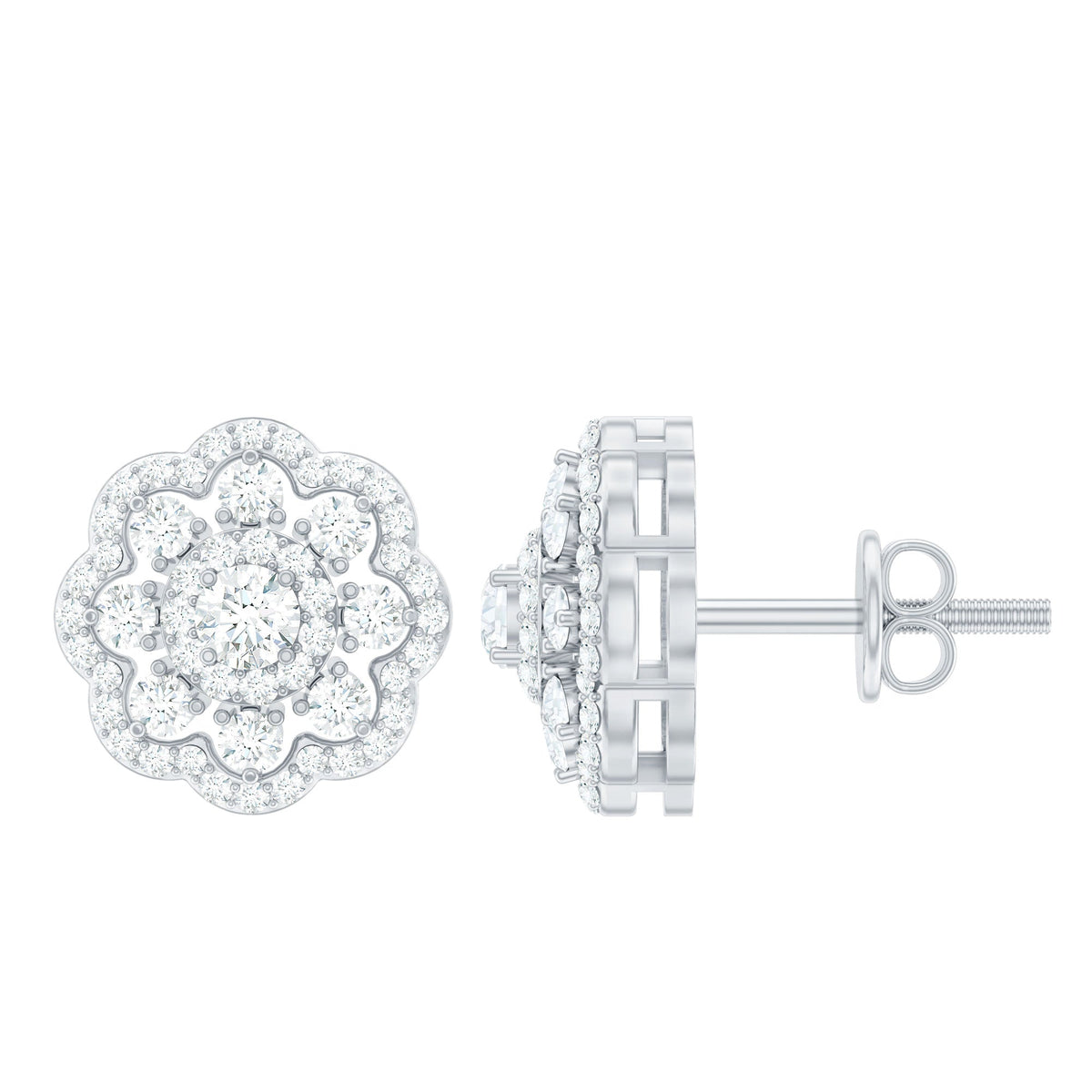 Certified Moissanite big flower stud earrings by Rosec Jewels featuring sparkling flower-shaped design in sterling silver.