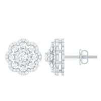 Certified Moissanite big flower stud earrings by Rosec Jewels featuring sparkling flower-shaped design in sterling silver.