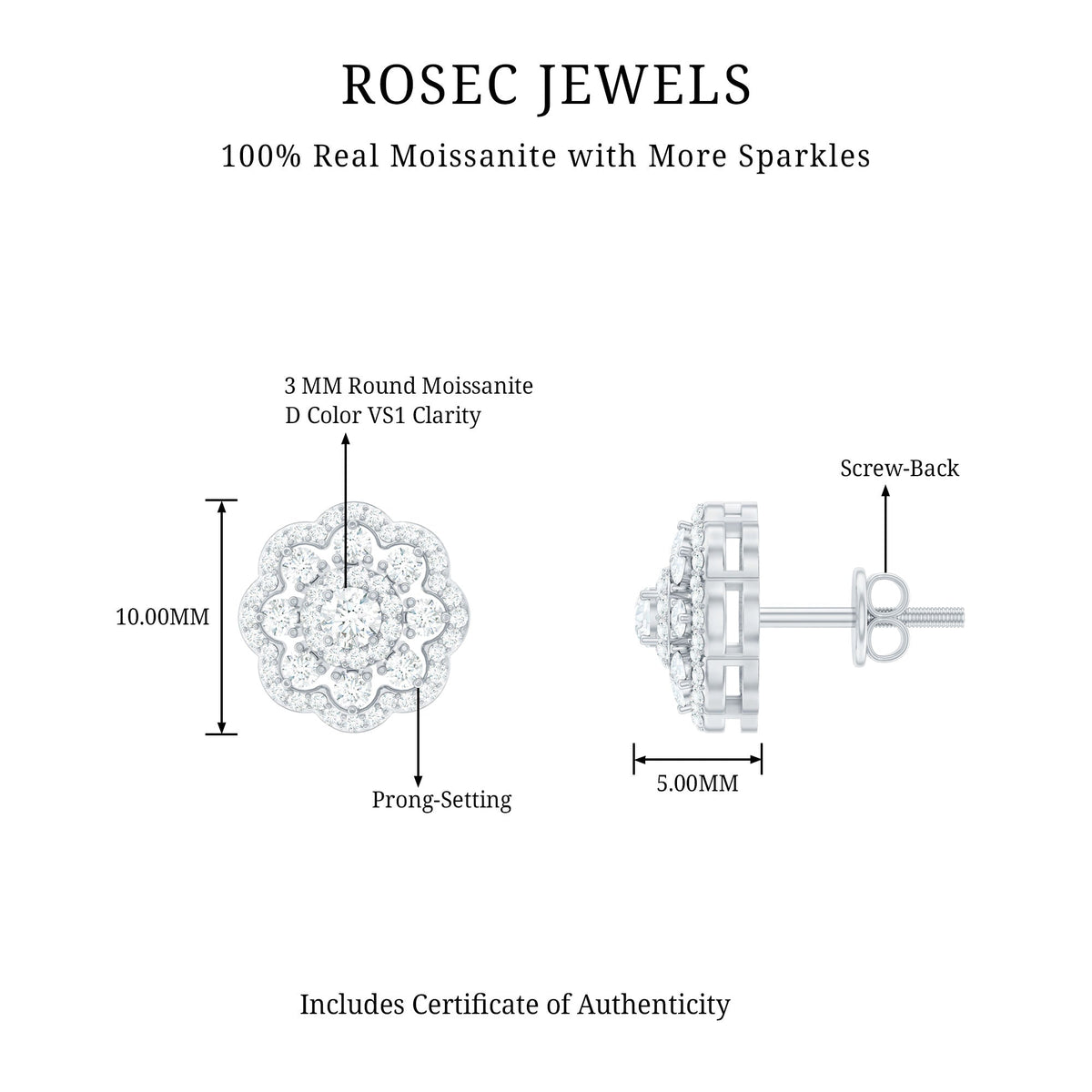 Rosec Jewels Certified Moissanite Big Flower Stud Earrings with sparkling gemstone accents on sterling silver posts
