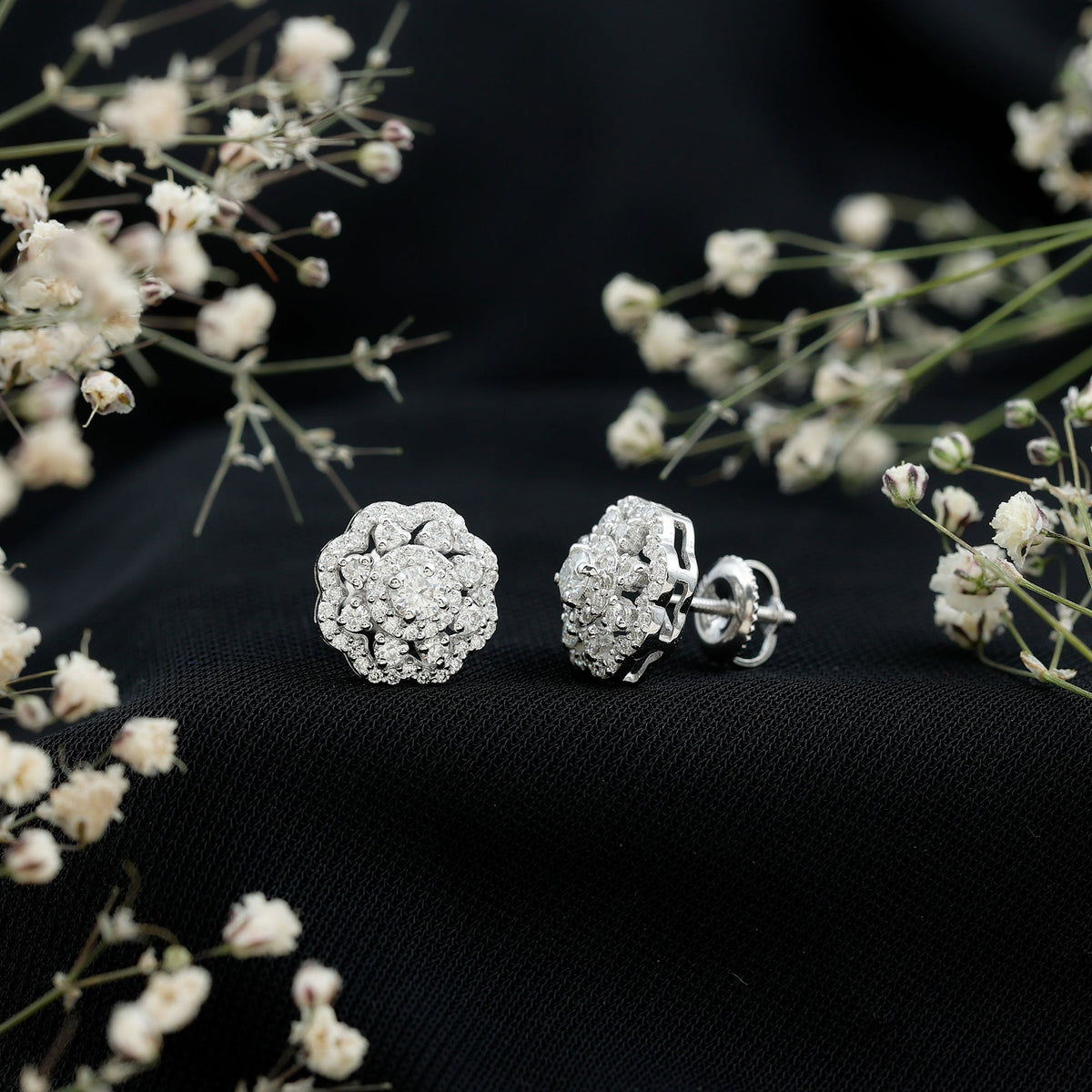 Certified Moissanite Big Flower Stud Earrings by Rosec Jewels, featuring sparkling flower-shaped earrings with moissanite stones.