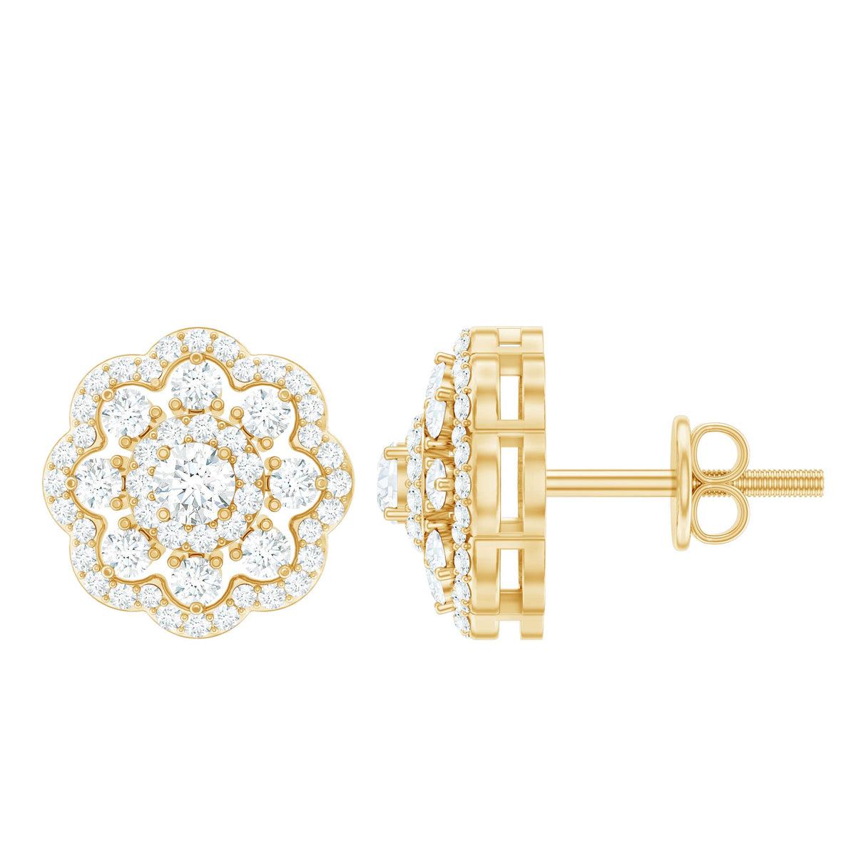 Rosec Jewels Certified Moissanite Big Flower Stud Earrings with sparkling flower design and silver-tone setting.