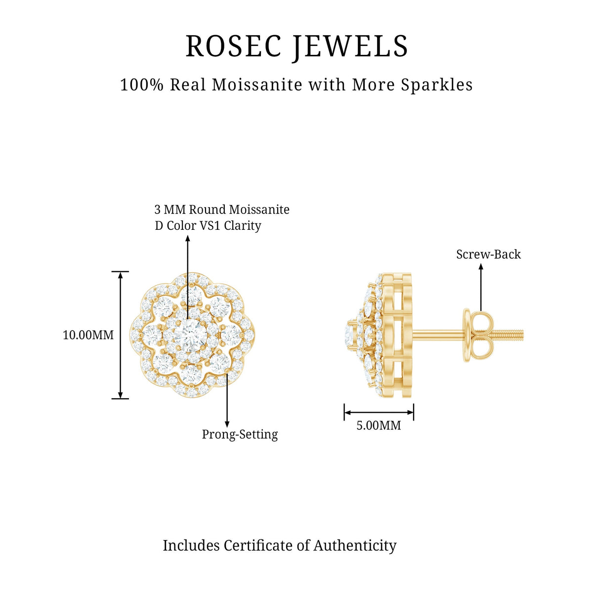 Rosec Jewels certified moissanite big flower stud earrings, showcasing sparkling flower-shaped jewelry with intricate petal design.