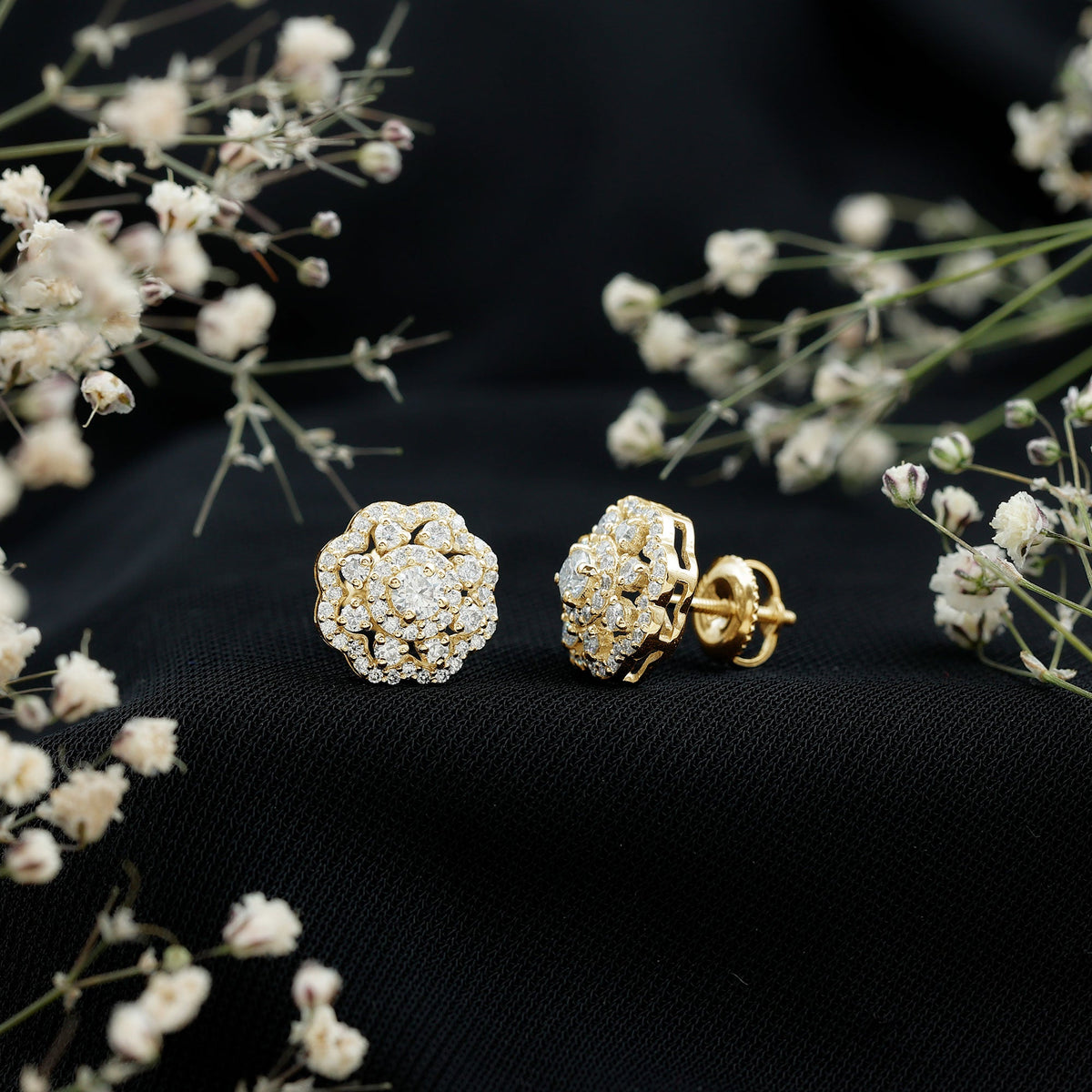 Rosec Jewels certified moissanite big flower stud earrings with sparkling gemstone details on silver posts.