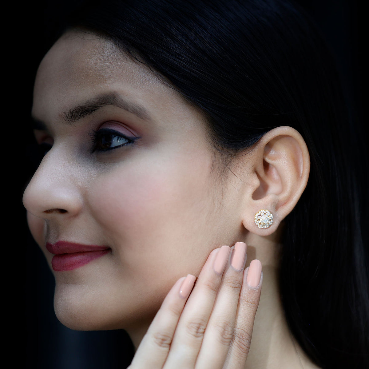Rosec Jewels certified moissanite big flower stud earrings with sparkling gemstone details and silver-tone posts.