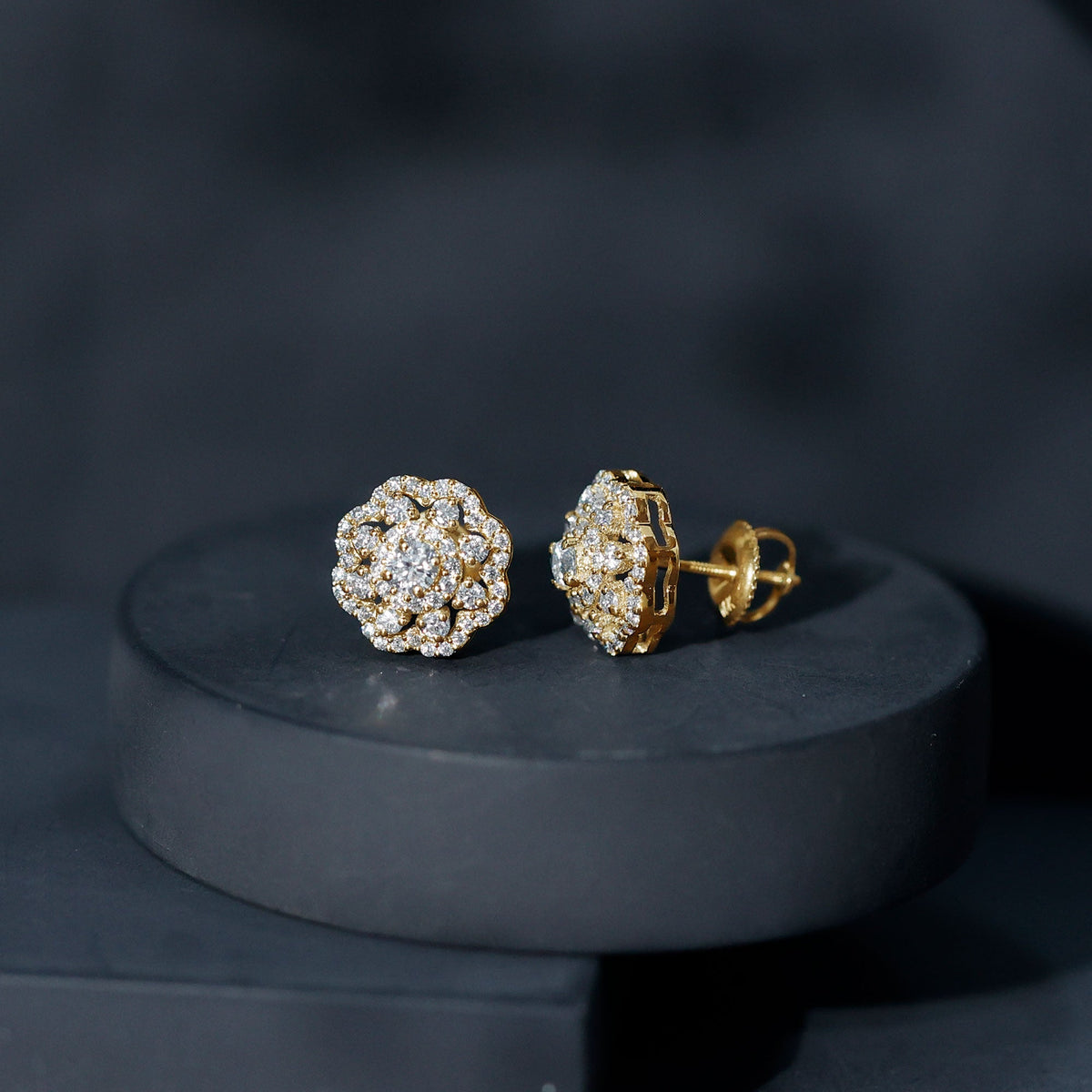 Certified Moissanite Big Flower Stud Earrings from Rosec Jewels featuring sparkling flower-shaped earrings with moissanite stones.