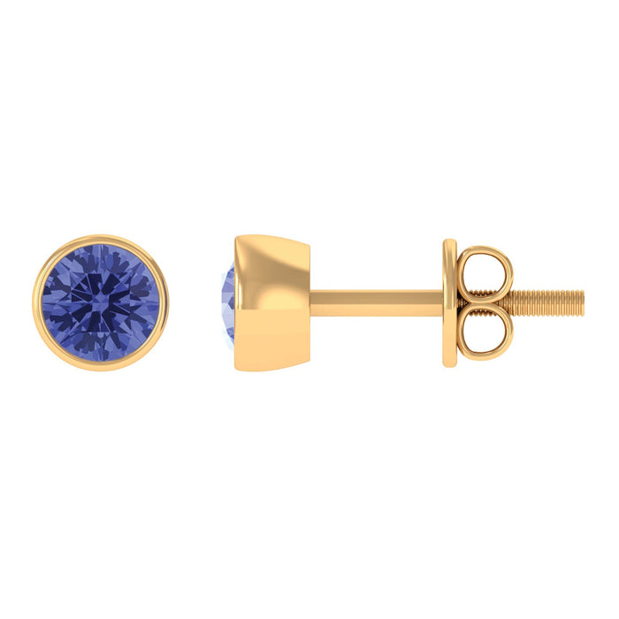 8 mm round cut tanzanite solitaire stud earrings in bezel setting by Rosec Jewels, featuring vibrant purple-blue gemstones and gold posts.