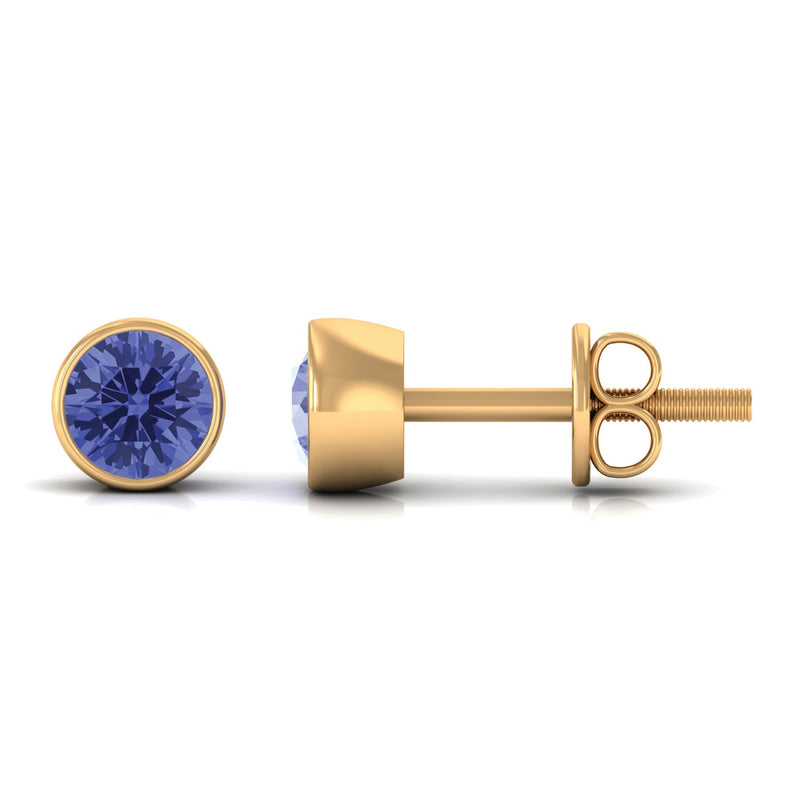 Rosec Jewels 8mm round cut Tanzanite solitaire stud earrings in bezel setting, showcasing sparkling blue gemstones.
