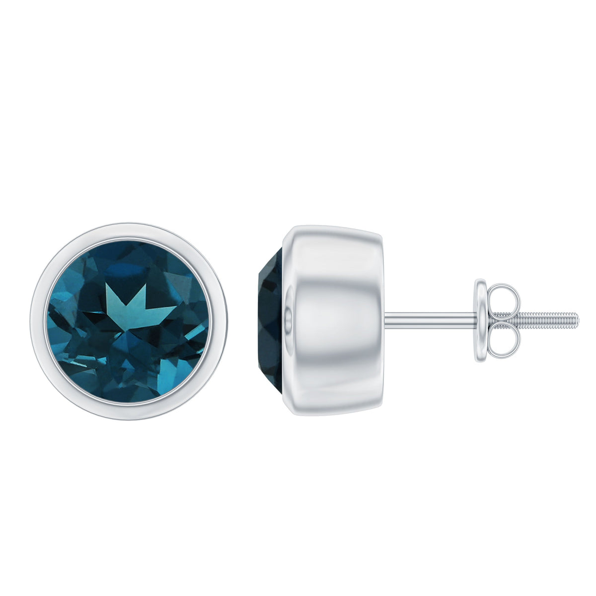 8 MM Round Cut London Blue Topaz Solitaire Stud Earrings in Bezel Setting