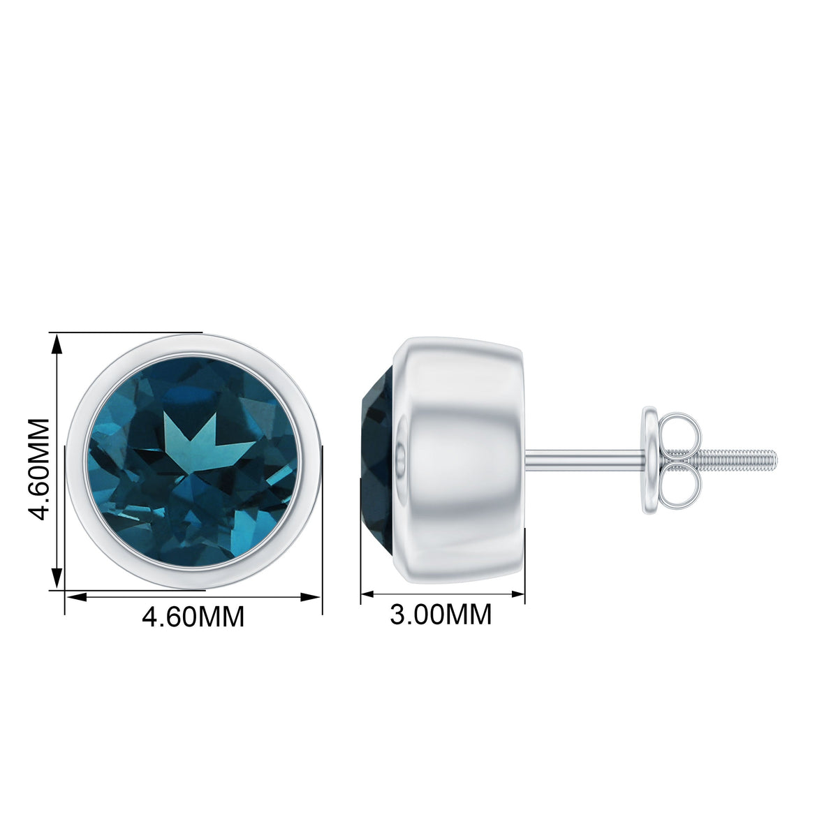 8 MM Round Cut London Blue Topaz Solitaire Stud Earrings in Bezel Setting